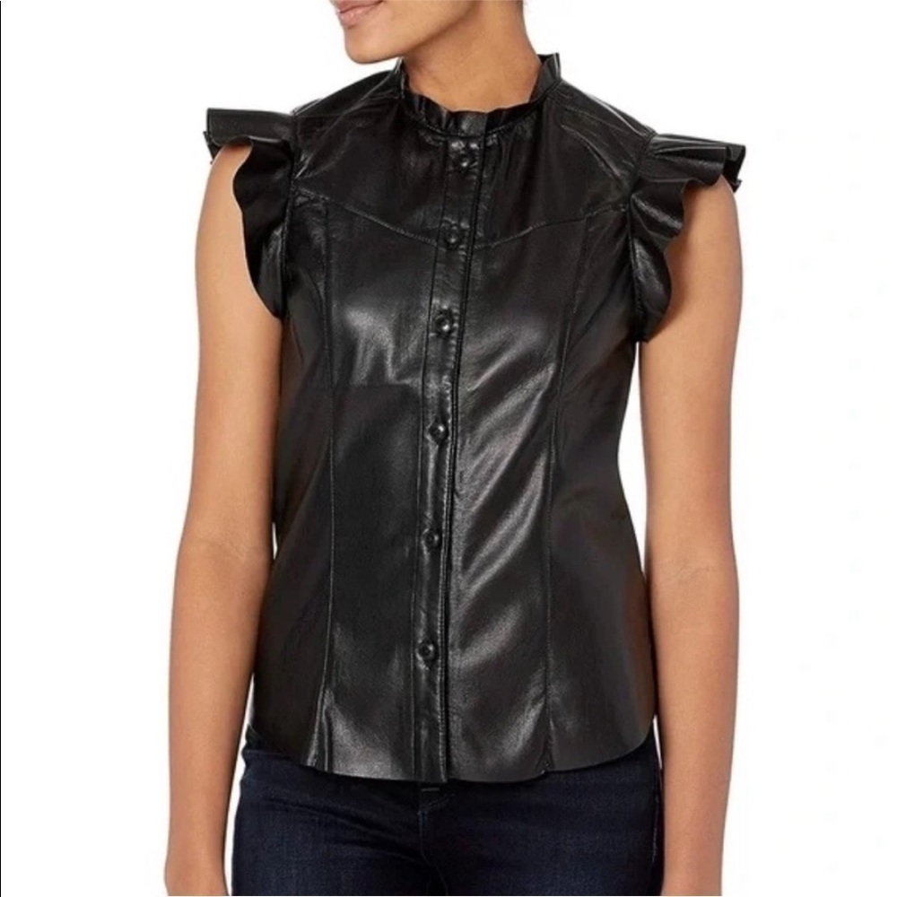 Joie Orien Black Vegan Leather Flutter Sleeve Top Size S - Picture 2 of 9